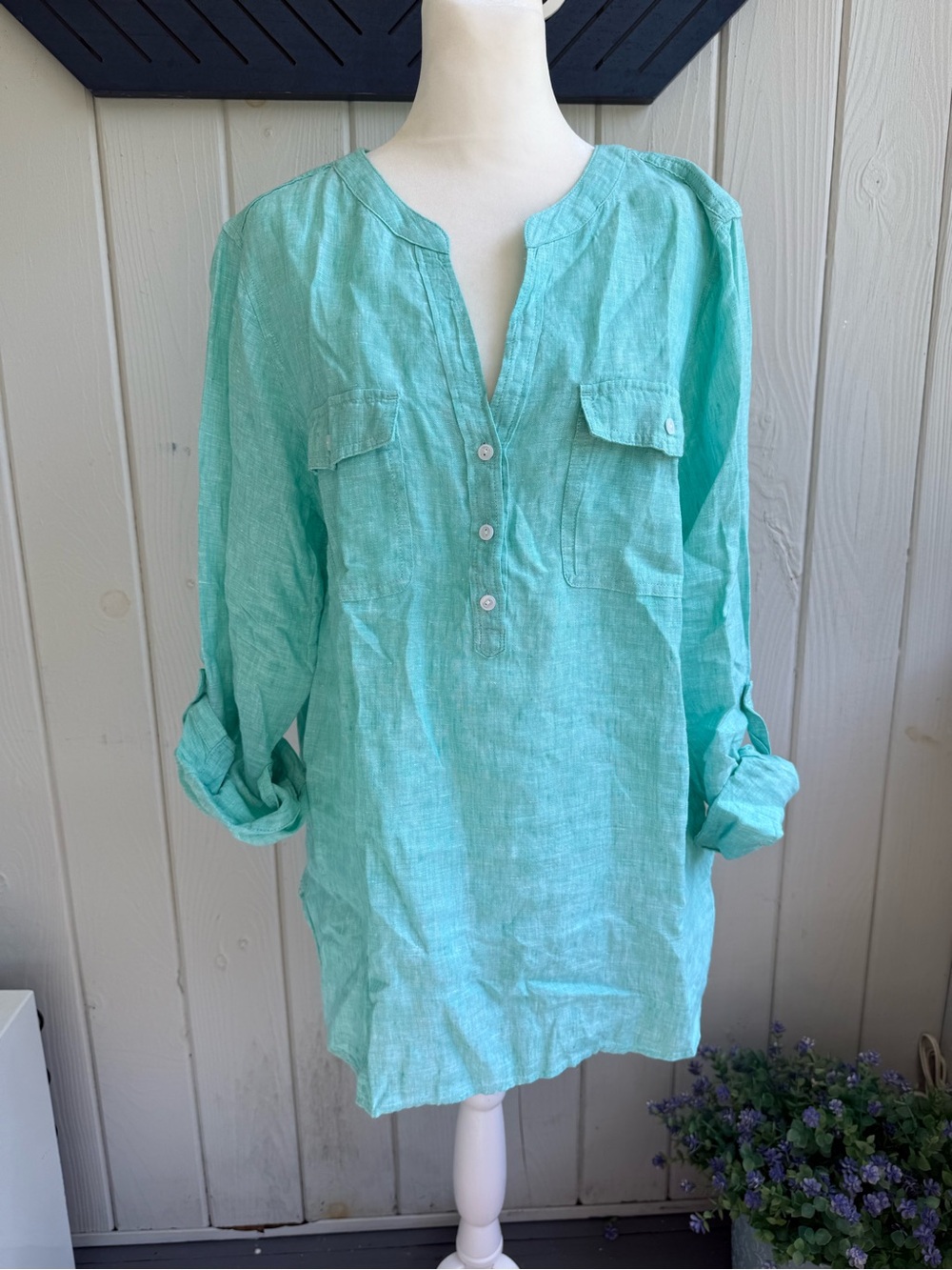 NWOT Talbots Aqua Linen Tunic with Patch Pockets